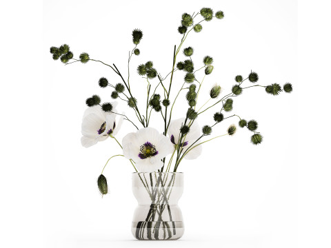 Bouquet Of White Wild Flowers Poppy Thistle Vase 457 3D Model