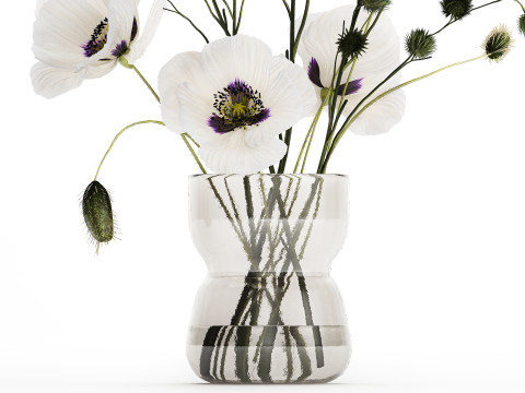 Bouquet Of White Wild Flowers Poppy Thistle Vase 457 3D Model