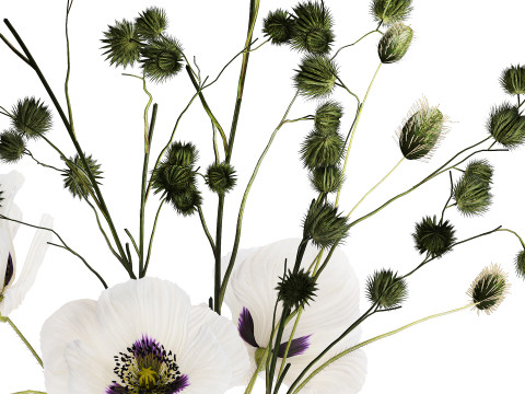 Bouquet Of White Wild Flowers Poppy Thistle Vase 457 3D Model