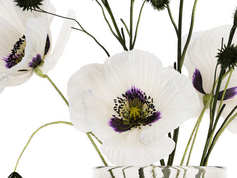 Bouquet Of White Wild Flowers Poppy Thistle Vase 457 3D Model