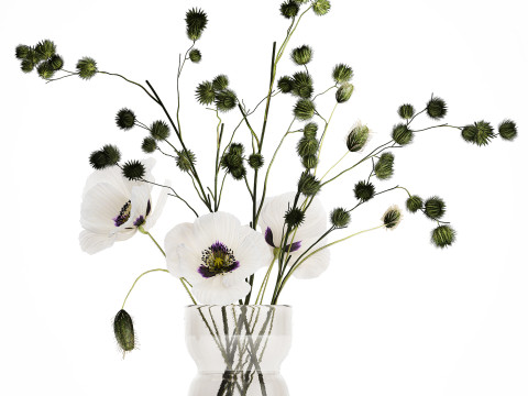 Bouquet Of White Wild Flowers Poppy Thistle Vase 457 3D Model