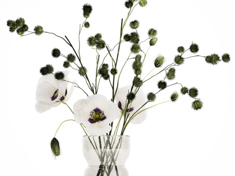 Bouquet Of White Wild Flowers Poppy Thistle Vase 457 3D Model