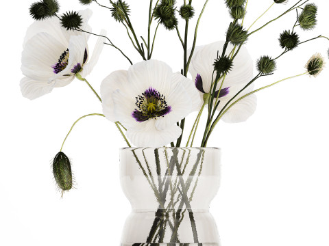 Bouquet Of White Wild Flowers Poppy Thistle Vase 457 3D Model