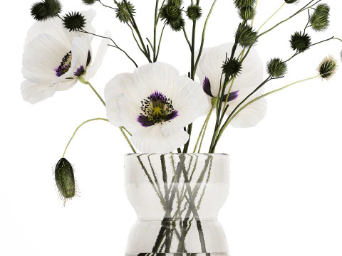 Bouquet Of White Wild Flowers Poppy Thistle Vase 457 3D Model