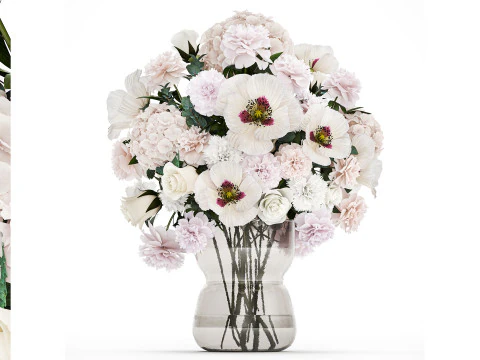 Blumenstrauß aus weißen Blumen in der Vase Mohn Hortensie Pfingstrose 459 3D Modell