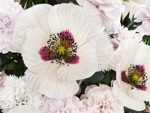 Bouquet of white flowers in vase poppy hydrangea peony 459 3D Model