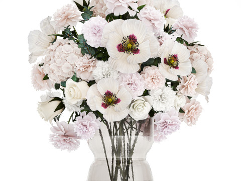Bouquet of white flowers in vase poppy hydrangea peony 459 Modelo 3D
