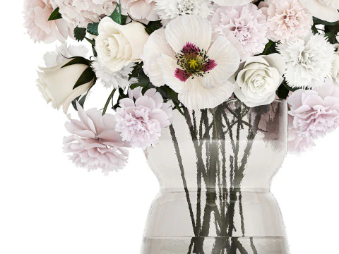 Bouquet of white flowers in vase poppy hydrangea peony 459 3D Model