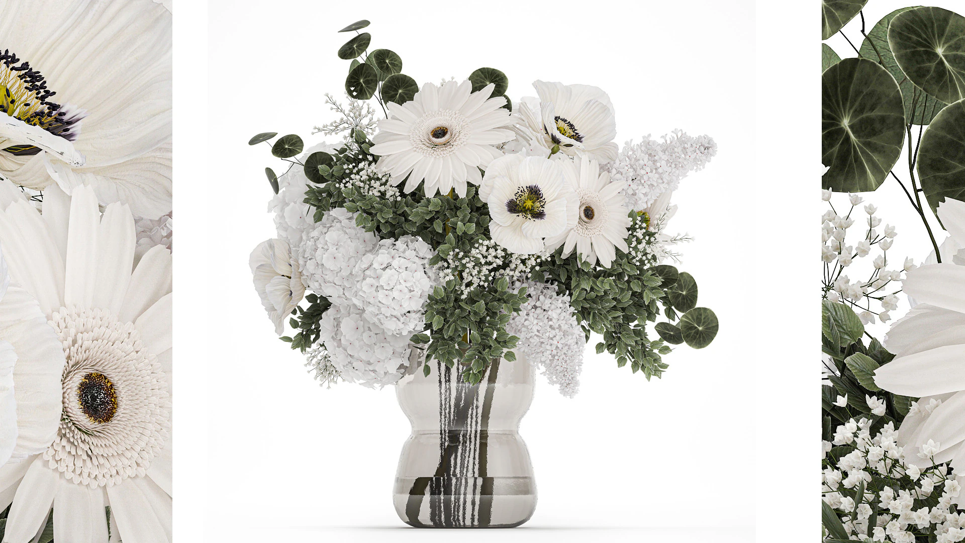 White Bouquet Of Flowers Poppy Hydrangea Gerbera 461 3D Model .c4d .max .obj .3ds .fbx .stl .blend 