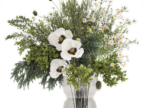 Bouquet Of Branches Green Leaves Poppy Flowers 462 3D Model