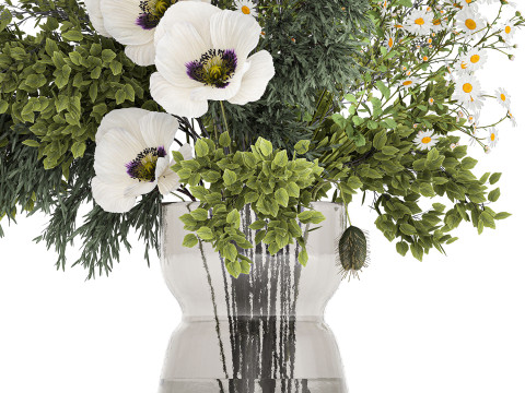 Bouquet Of Branches Green Leaves Poppy Flowers 462 3D Model
