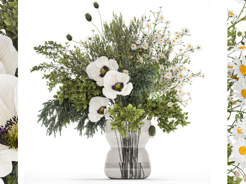 Blumenstrauß aus Zweigen, grünen Blättern, Mohnblumen 462 3D Modell