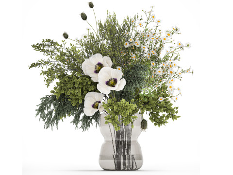 Bouquet Of Branches Green Leaves Poppy Flowers 462 3D Model