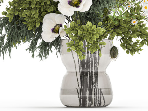 Bouquet Of Branches Green Leaves Poppy Flowers 462 3D Model