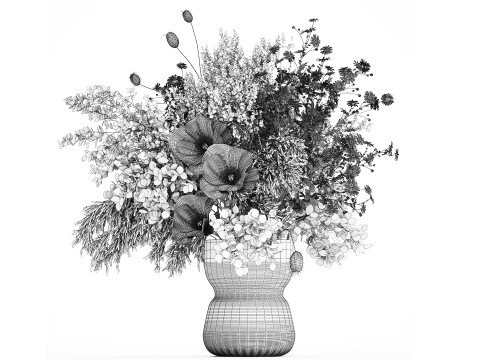 Bouquet Of Branches Green Leaves Poppy Flowers 462 3D Model