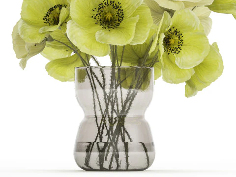 Bouquet Of Green Wild Flowers Poppy Vase 464 3D Model