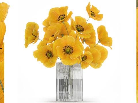 Букет Желтых Полевых Цветов Мака Стеклянная Ваза 465 3D Модель