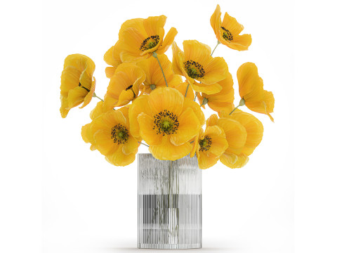 Bouquet Of Yellow Wild Flowers Poppy Glass Vase 465 3D Model