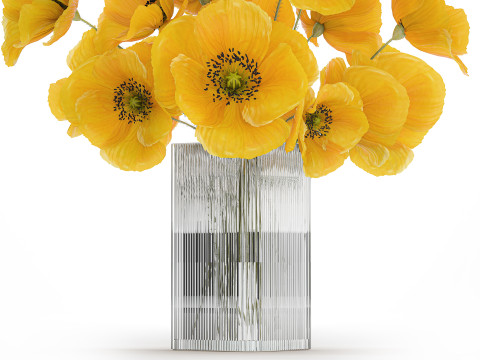Bouquet Of Yellow Wild Flowers Poppy Glass Vase 465 3D Model