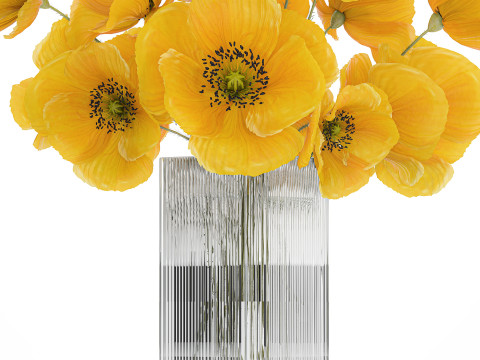 Bouquet Of Yellow Wild Flowers Poppy Glass Vase 465 3D Model