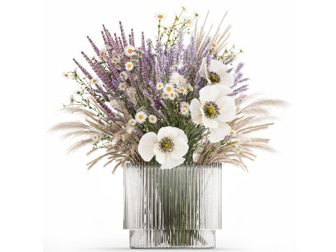 Bouquet Of Wild Flowers In Vase Lavender poppy 483 3D Model