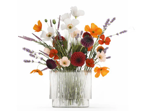 Bouquet Of Wild Flowers In A Vase Lavender Poppy 486 3D Model