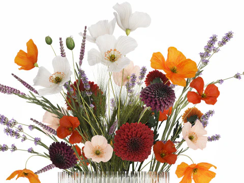 Bouquet Of Wild Flowers In A Vase Lavender Poppy 486 3D Model