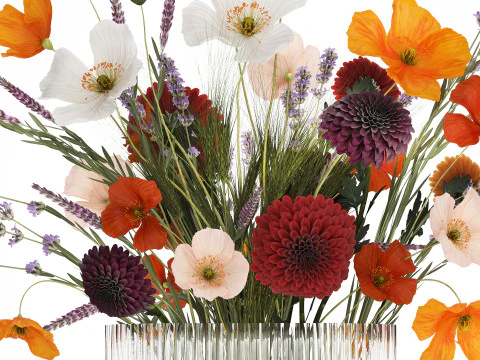Bouquet Of Wild Flowers In A Vase Lavender Poppy 486 3D Model