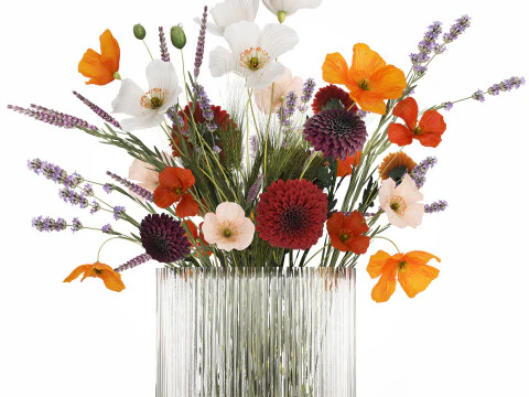 Bouquet Of Wild Flowers In A Vase Lavender Poppy 486 3D Model