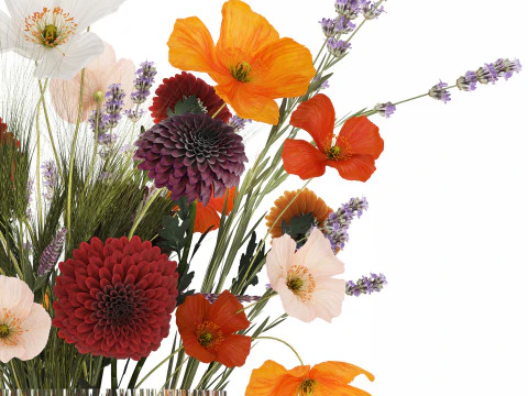 Bouquet Of Wild Flowers In A Vase Lavender Poppy 486 3D Model