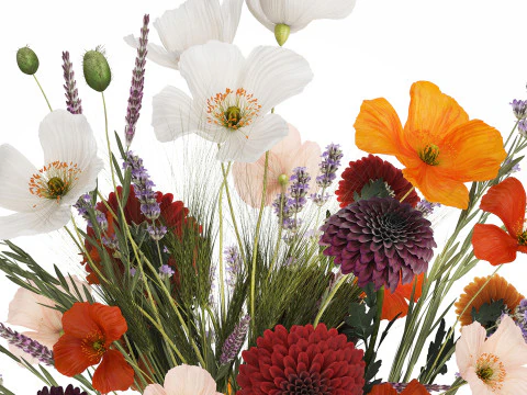 Bouquet Of Wild Flowers In A Vase Lavender Poppy 486 3D Model