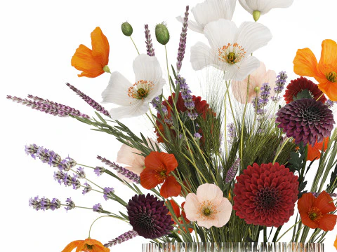 Bouquet Of Wild Flowers In A Vase Lavender Poppy 486 3D Model