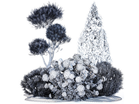 Garden Of Pine Topiary With White Hydrangea Bush 1472 3D Model