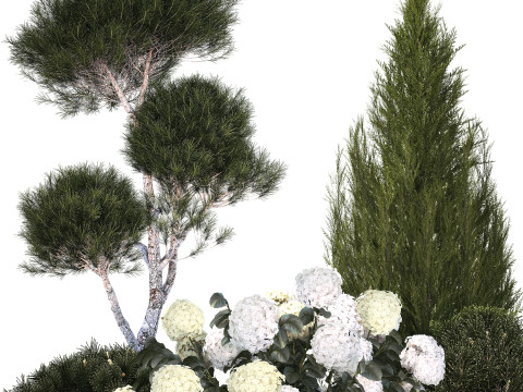 Garden Of Pine Topiary With White Hydrangea Bush 1472 3D Model