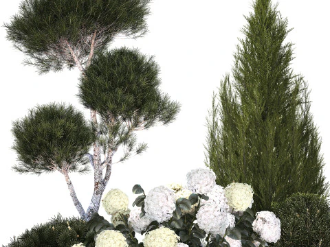 Garden Of Pine Topiary With White Hydrangea Bush 1472 3D Model