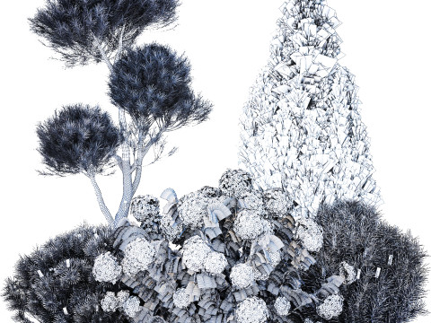 Garden Of Pine Topiary With White Hydrangea Bush 1472 3D Model
