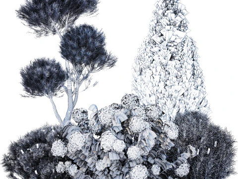 Garden Of Pine Topiary With White Hydrangea Bush 1472 3D Model