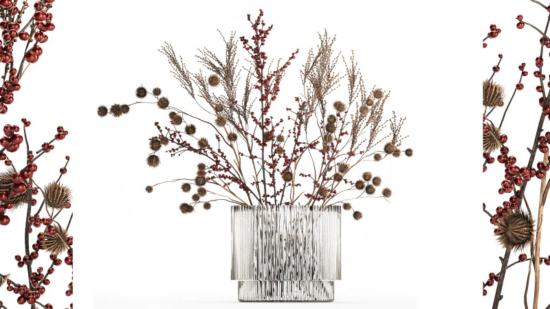 Bouquet Of Dried Flowers Vase Ilex Dry Branches 493 3D Model .c4d .max .obj .3ds .fbx .stl .blend 