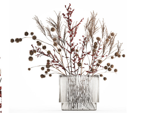 Bouquet Of Dried Flowers Vase Ilex Dry Branches 493 3D Model