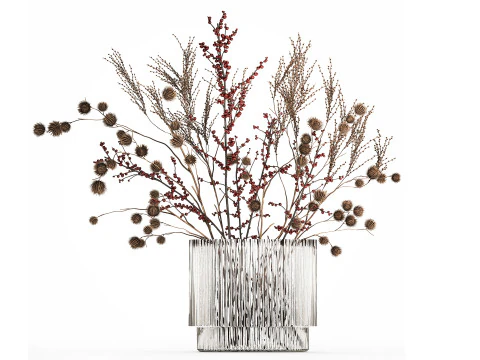 Bouquet Of Dried Flowers Vase Ilex Dry Branches 493 3D Model