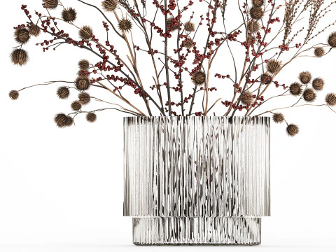 Bouquet Of Dried Flowers Vase Ilex Dry Branches 493 3D Model