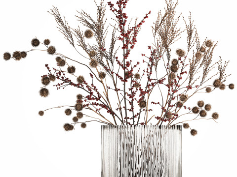 Bouquet Of Dried Flowers Vase Ilex Dry Branches 493 3D Model