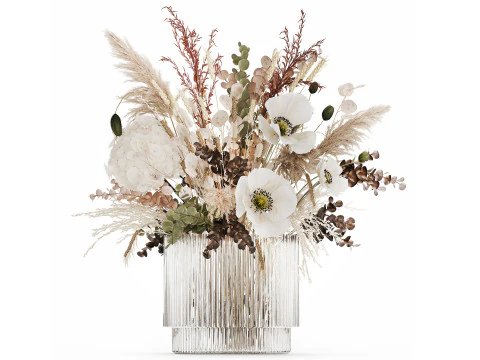 Bouquet Fleurs S&eacute;ch&eacute;es Hortensia Pampas Coquelicot Bl&eacute; 512 Modèle 3D