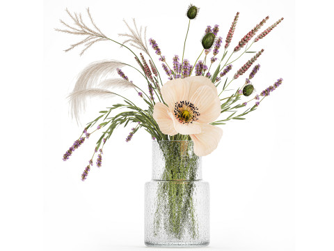 Bouquet Of Wild Flowers Of Lavender Poppy Pampas 534 3D Model