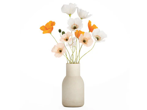 Bukiet Kwiat&oacute;w Biały Islandzki Mak W Wazonie 558 Model 3D