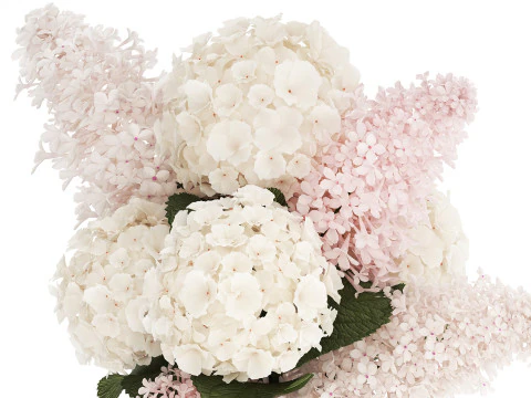 Lindo vaso buqu&ecirc; branco ramos de hort&ecirc;nsia lil&aacute;s 558 Modelo 3D