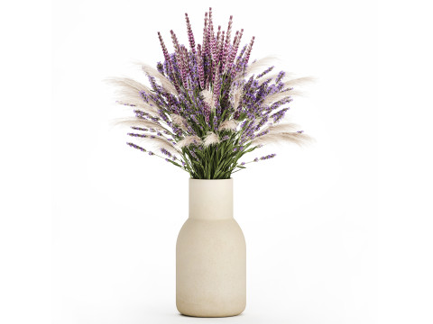 White Bouquet Of Dried Flowers Lovanda Branches in a vase 559 3D Model