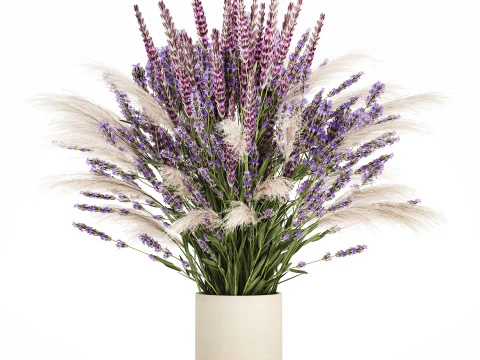 Mazzo bianco di fiori secchi, rami di lovanda in vaso 559 Modello 3D