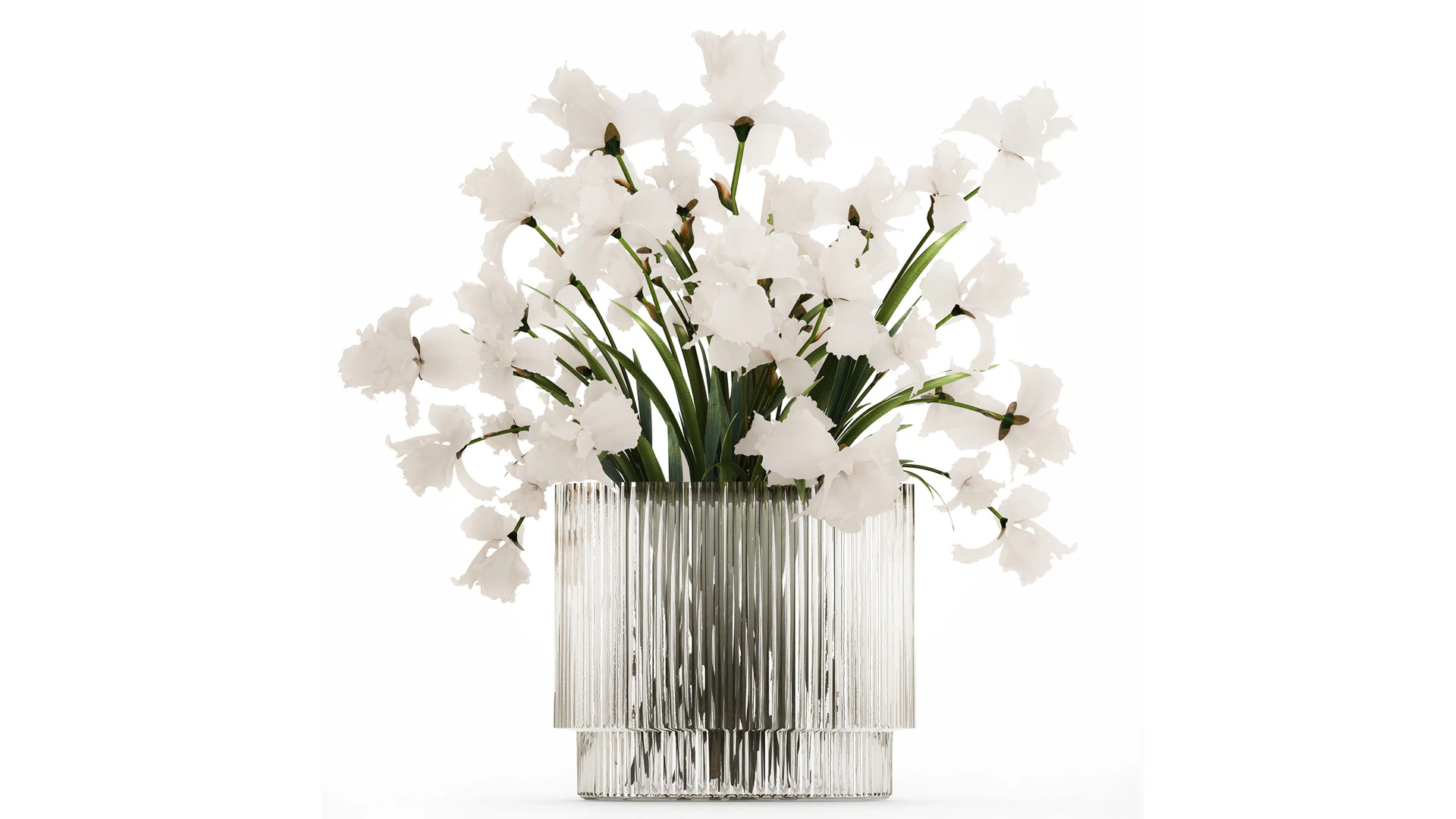 Beautiful white bouquet in a glass vase with flowers Iris 566 3D Model .c4d .max .obj .3ds .fbx .stl .blend 