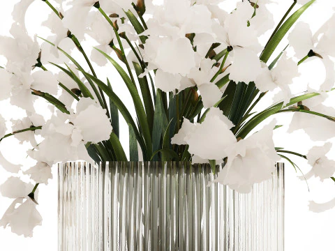 Beautiful white bouquet in a glass vase with flowers Iris 566 3D Model